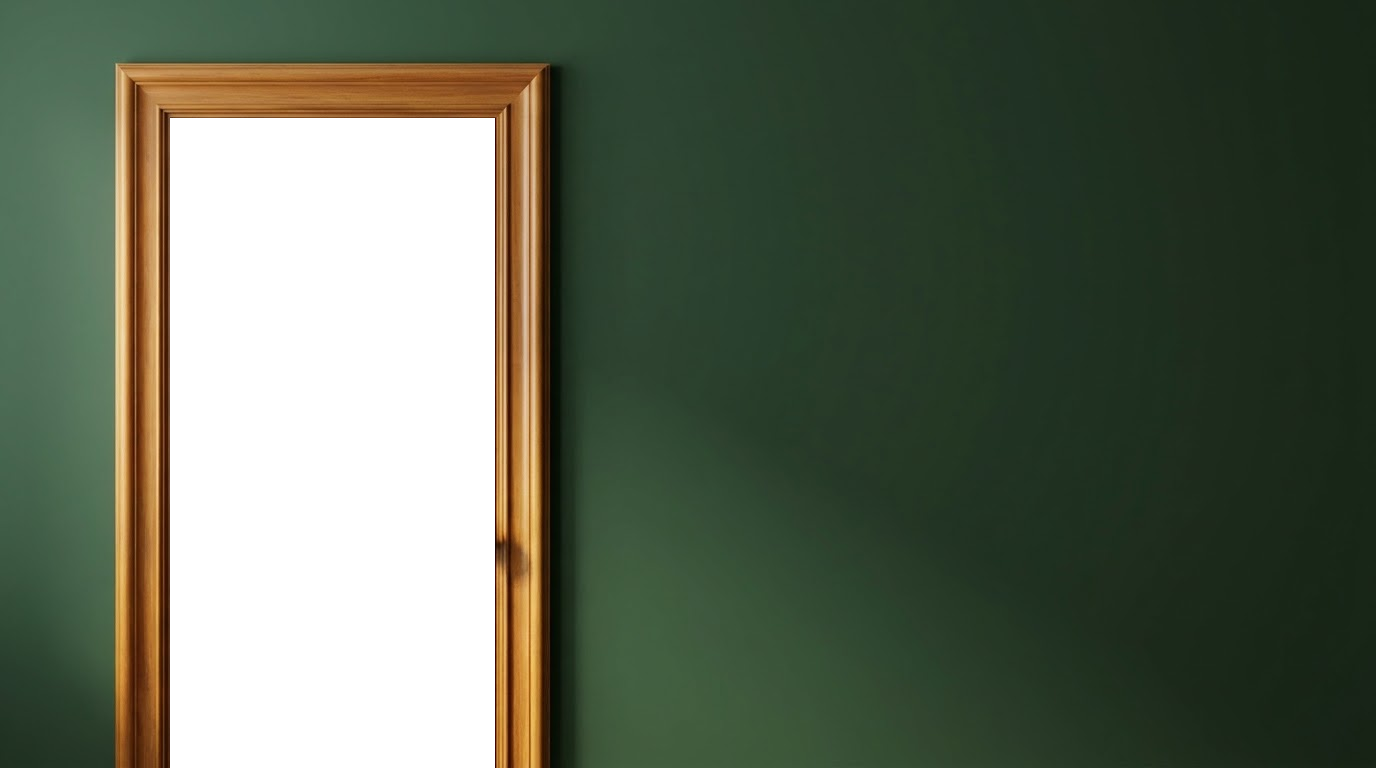Forest green architectural wall with teak wooden door frame